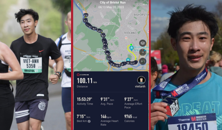 Two images of Viet-Anh running at mass participation events and a screenshot from his tracker showing the 100km run completed on 20 May 2023 in 15:53:29